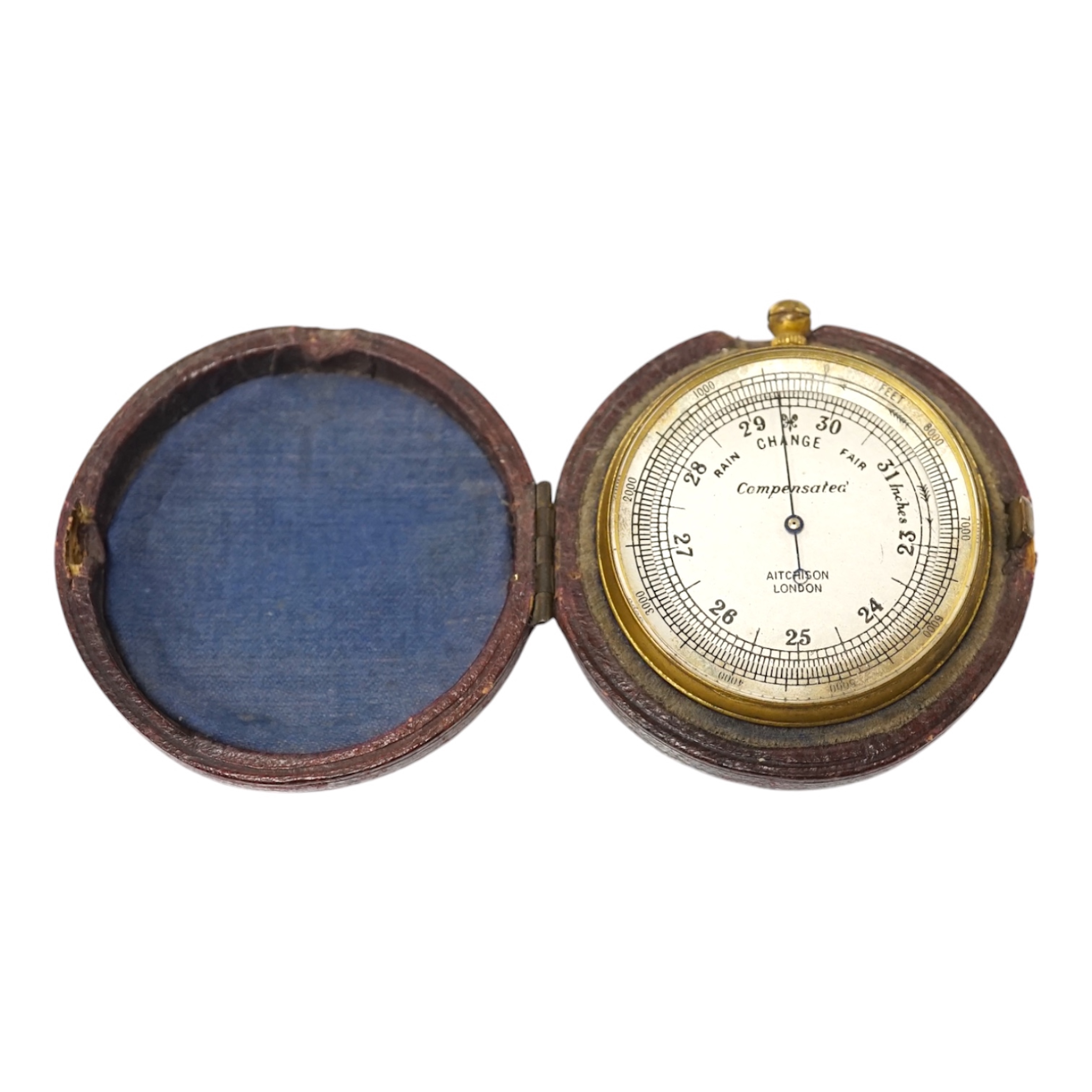 An Aitchison pocket barometer housed in original leather case, overall 6cm in diameter. Condition - fair